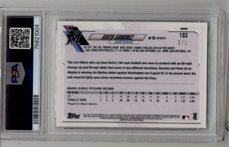 Sixto Sanchez 2021 Topps Chrome Superfractor #193 1/1 PSA 10 Gem Mint - Baseball Card Single