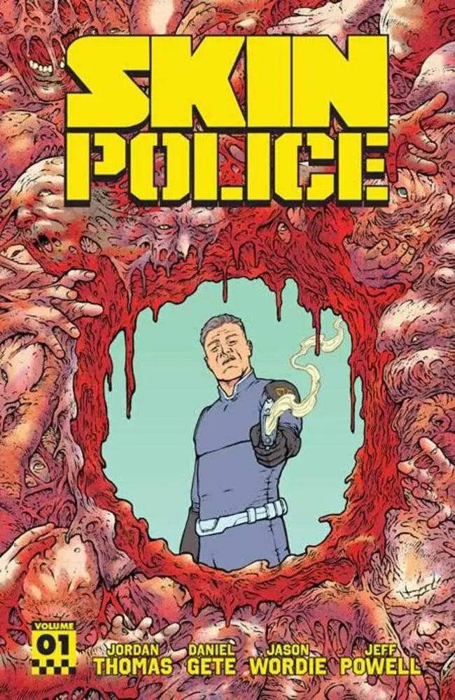 Comic book cover for Skin Police TPB Volume 01 with a figure holding a smoking gun