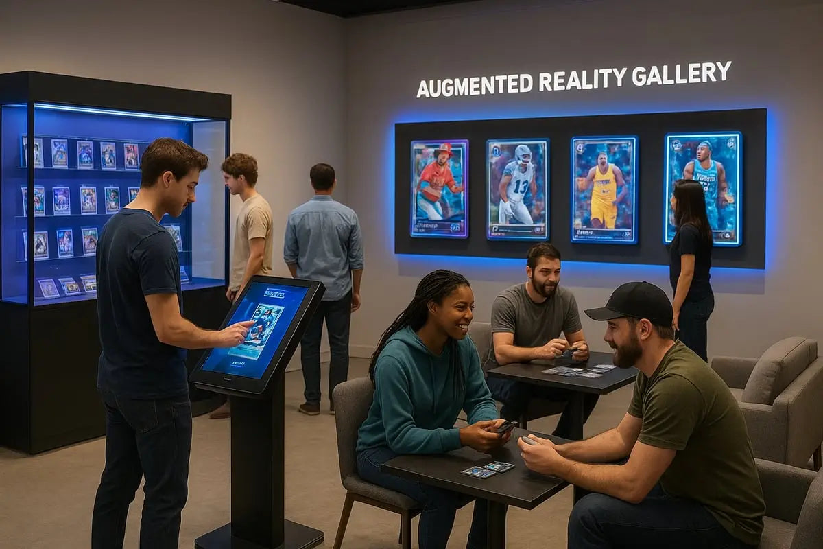 Sleek black touchscreen display in sports card shop with vibrant card imagery