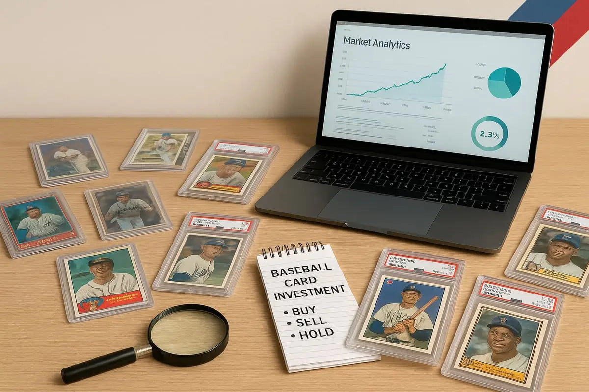 Sleek black laptop showing baseball cards market analytics dashboard