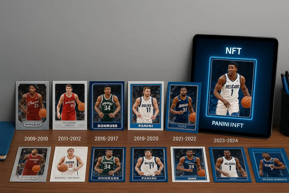 Sleek black tablet displaying glowing blue-bordered basketball Panini card of Pelicans player in white jersey number 1