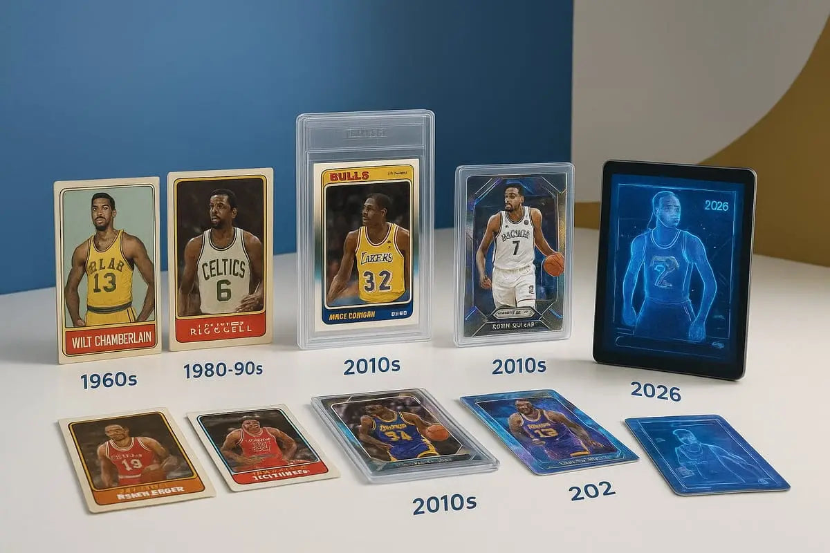 Sleek black tablet showing holographic basketball player in 2026 basketball cards design