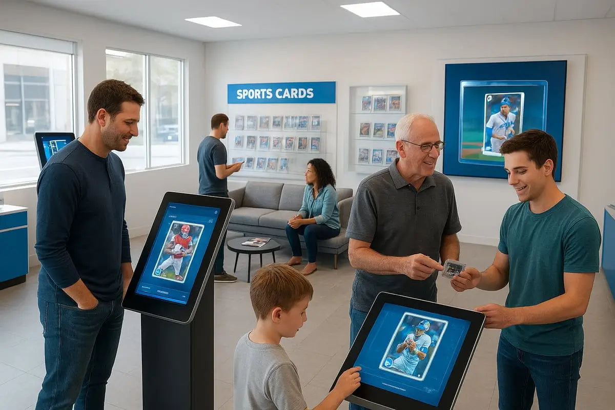 Vibrant baseball sports card on sleek black touchscreen in card shop display