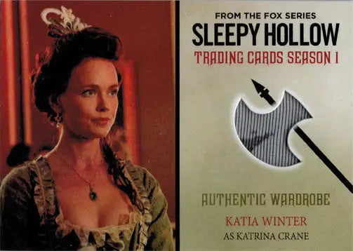 Trading card of Katia Winter as Katrina Crane with fabric swatch from Sleepy Hollow