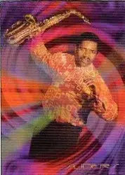 Colorful abstract saxophone portrait on Sliders Motionworks trading cards design