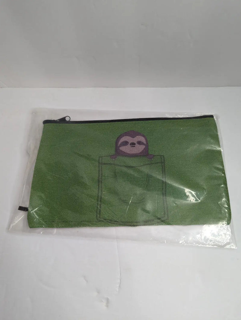 Green zippered sloth cosmetic bag with beige accents, perfect for travel and organization
