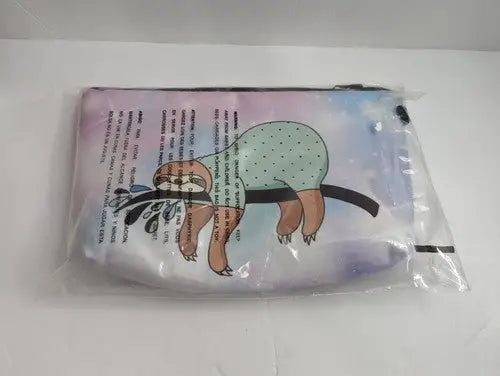 Sloth cosmetic bag pink starry sleep-themed zippered pouch in plastic wrap
