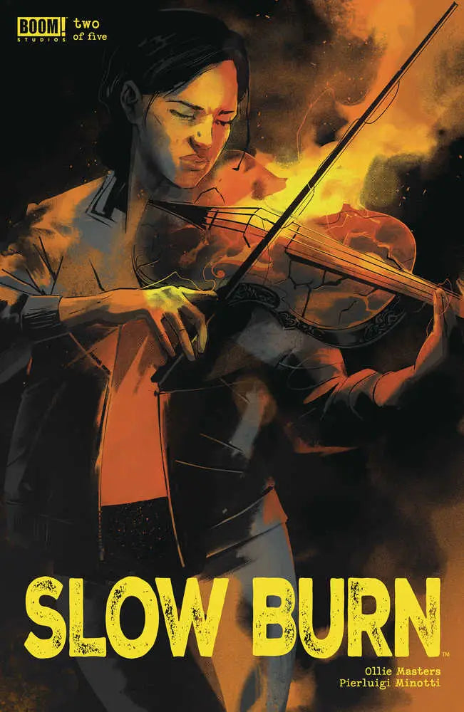 Comic book cover art of Slow Burn #2 featuring a violinist in dramatic lighting