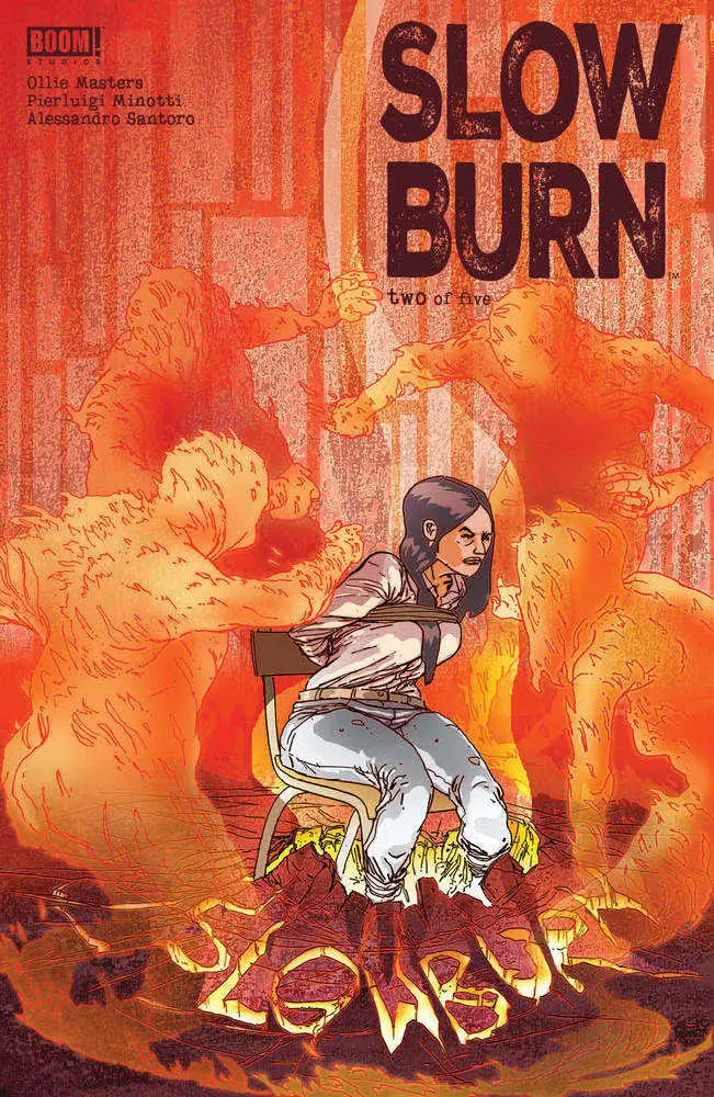 Comic book cover Slow Burn #2 with character amid flames, ideal for trading cards collectors