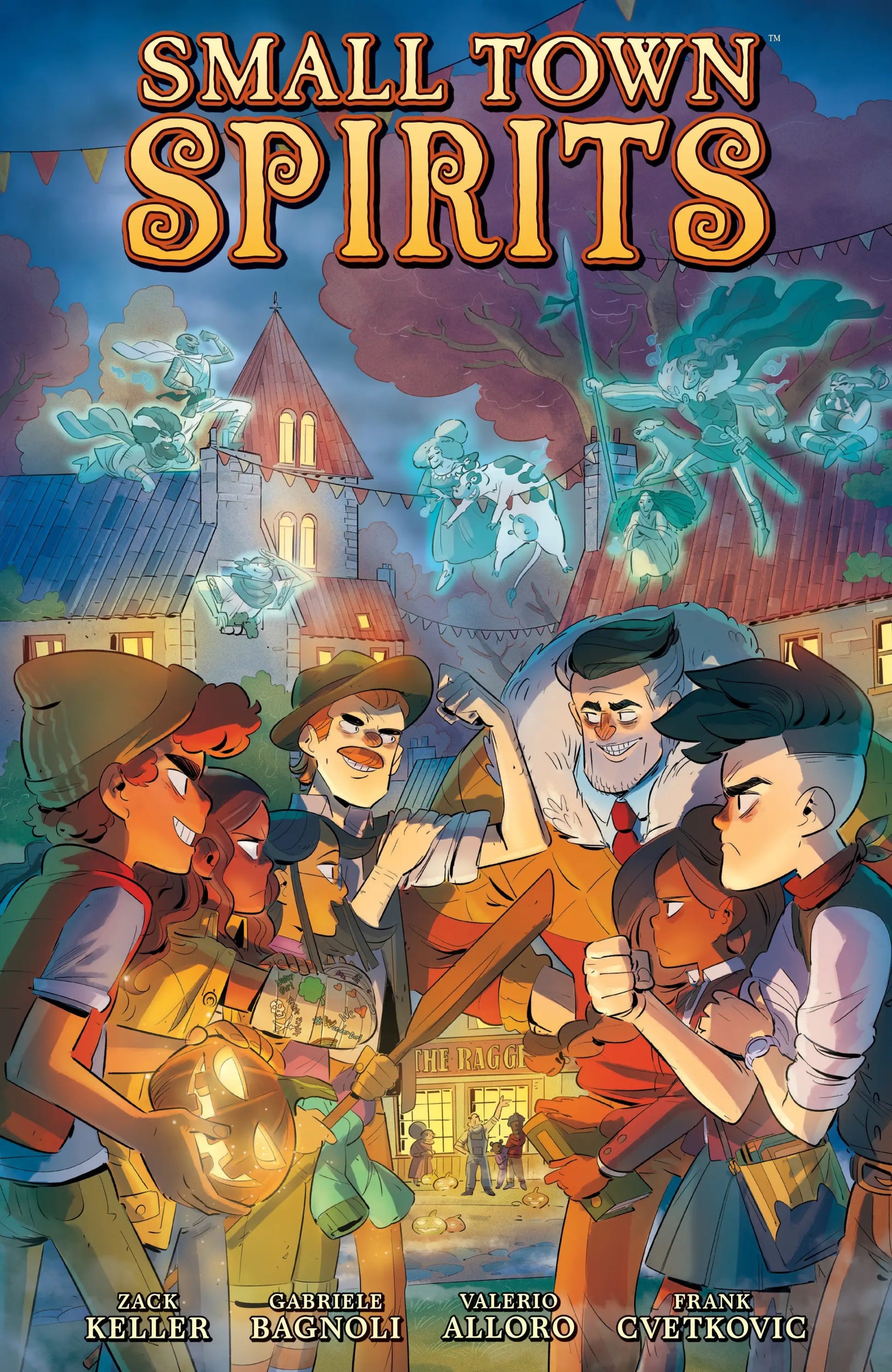 Comic book cover for Small Town Spirits featuring small town and town spirits imagery