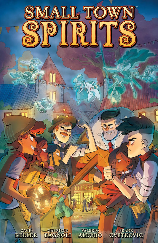 Comic book cover for Small Town Spirits featuring small town and town spirits imagery