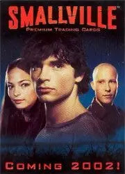 Promotional poster for Smallville Season 1 featuring main characters on San Diego trading card