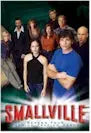 Promotional poster for Smallville featuring cast members on a Smallville promo card