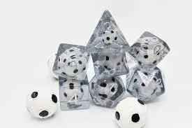 Clear multi-sided soccer ball RPG dice set with black soccer ball designs for RPG gaming