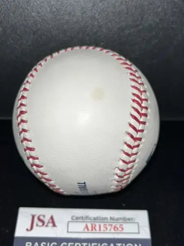 White baseball with red stitching, autographed by Sofia Milos for CSI: Miami collectors