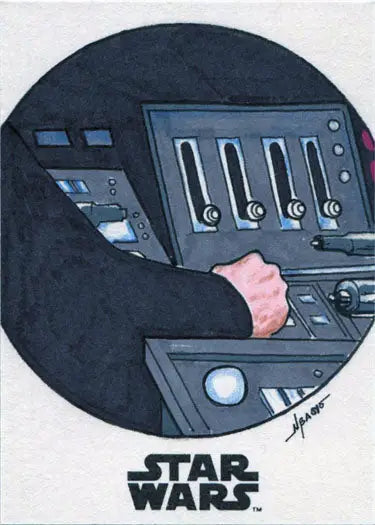 Control panel of a Star Wars spacecraft on Norvien Basio’s sketch card trading card
