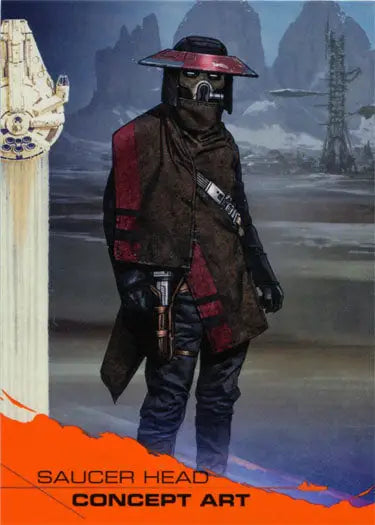 Masked figure in wide-brimmed hat and long coat on Solo Star Wars trading card