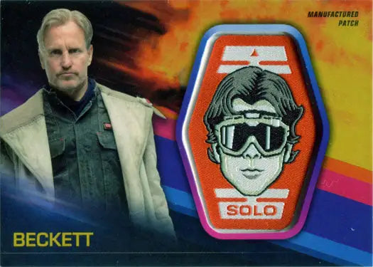 Trading card featuring Woody Harrelson as Beckett and a retro logo patch card