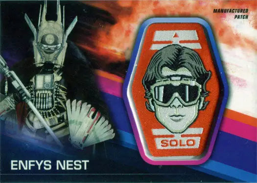 Stylized face patch card featuring Enfys Nest with SOLO text, Erin Kellyman design