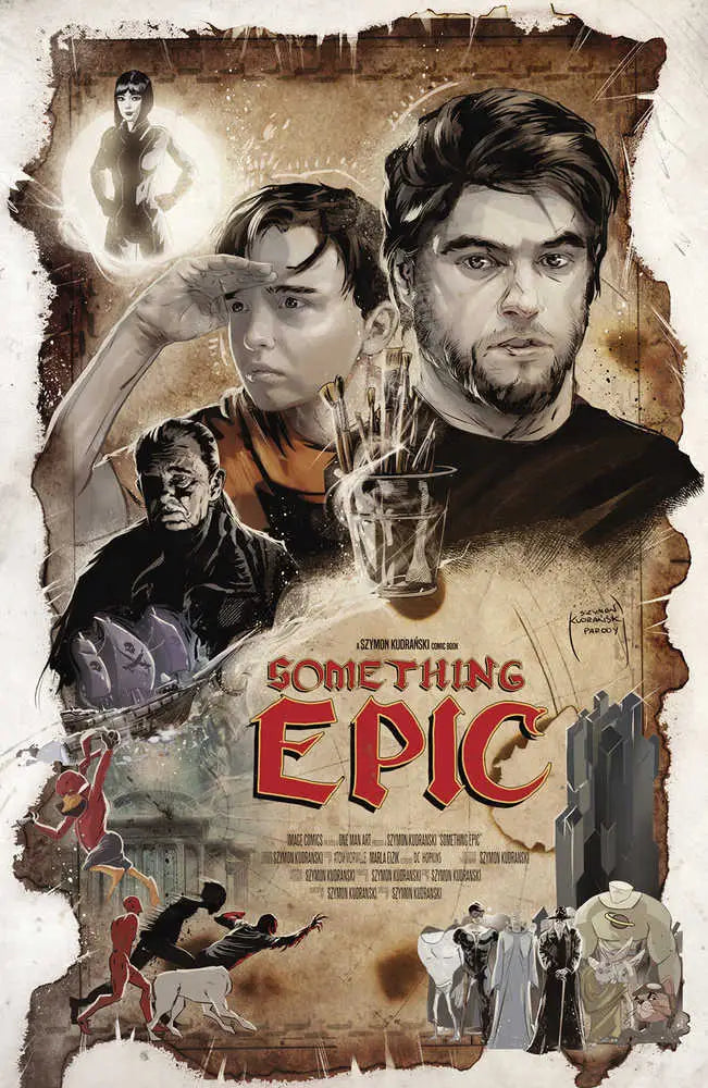 Vintage Movie poster for Something Epic with character portraits and action scenes, ideal for trading cards