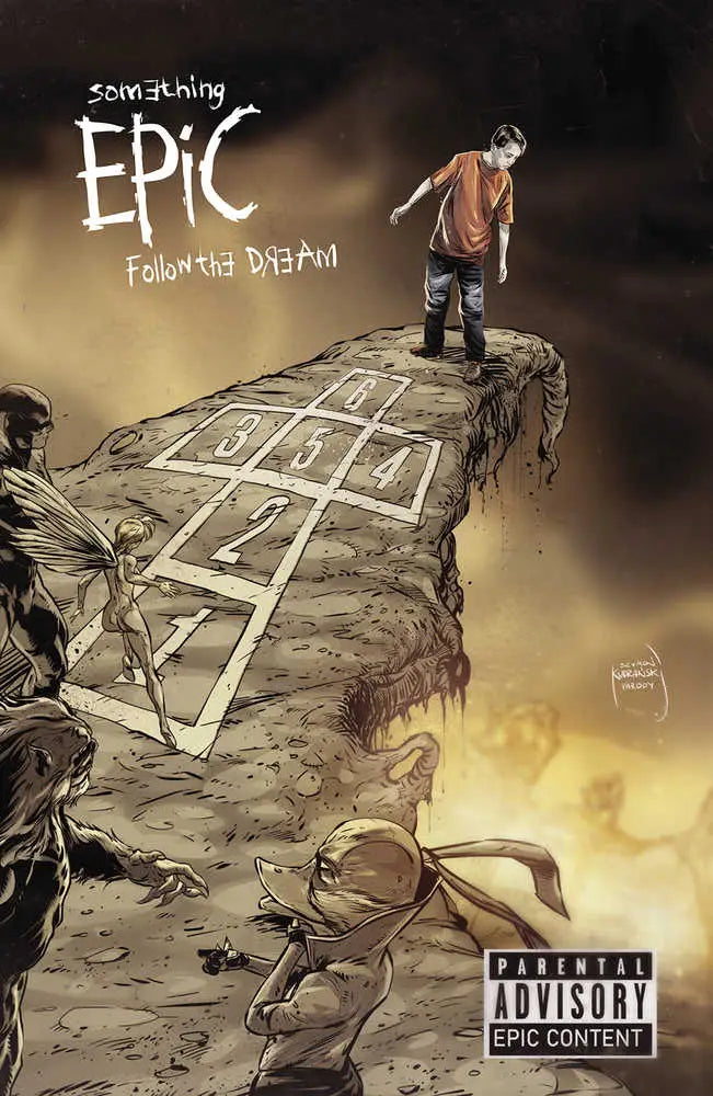 Album cover artwork for Something Epic #5 featuring a figure on crumbling hopscotch path