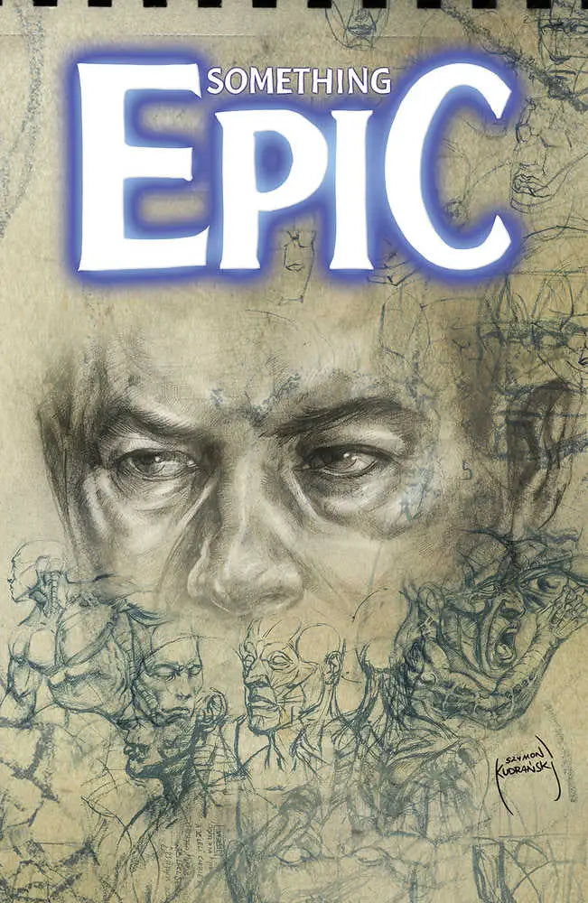 Artistic sketch portrait with Something Epic text glowing above for trading cards design