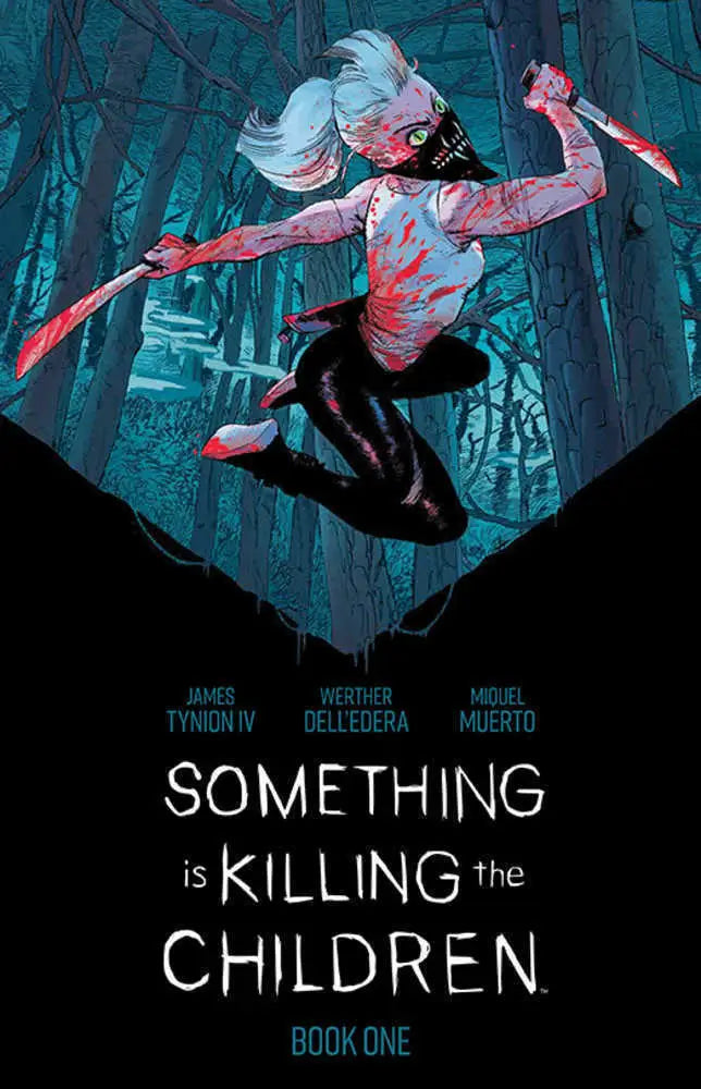 Comic book cover featuring masked woman with bloody knives in Something Is Killing Children deluxe edition hardcover