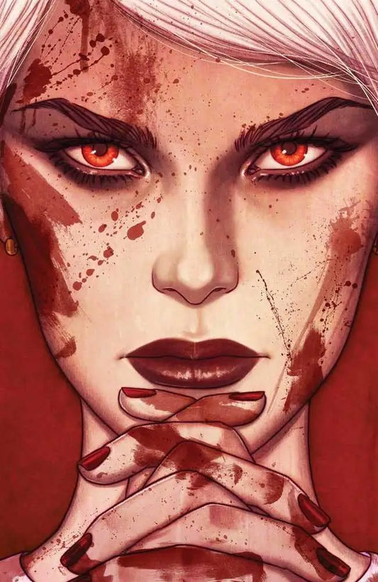 Striking portrait of someone with a blood-spattered face for Something Is Killing The Children trading cards