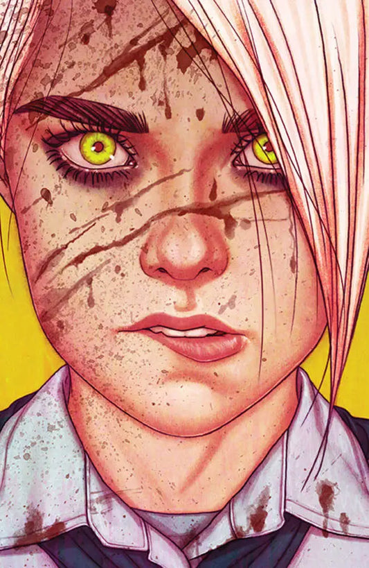 Stylized portrait of a character with yellow eyes and pink hair for trading cards