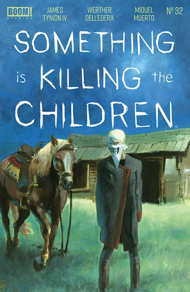 Comic book cover of Something Is Killing The Children #32 with dark figure and horse