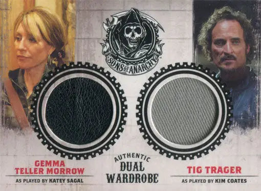 Dual wardrobe swatch card featuring fabric samples from Sons of Anarchy trading cards