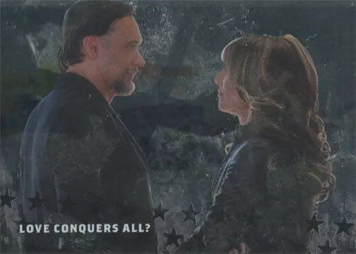 Couple in romantic scene with LOVE CONQUERS ALL text on Sons of Anarchy trading cards