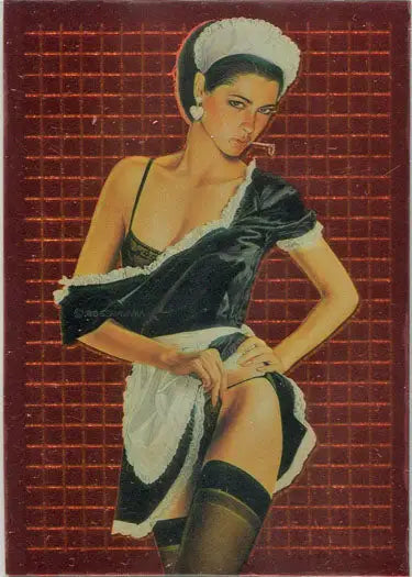Woman in French maid costume poses against a brick wall for Sorayama base card
