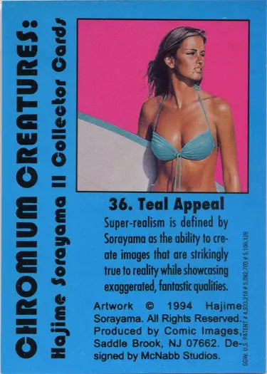 Sorayama 2 Chromium Creatures Base Card featuring woman in blue bikini against pink background