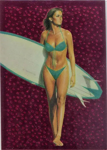 Woman in a teal bikini holding a surfboard on Sorayama 2 Chromium Creatures Base Card