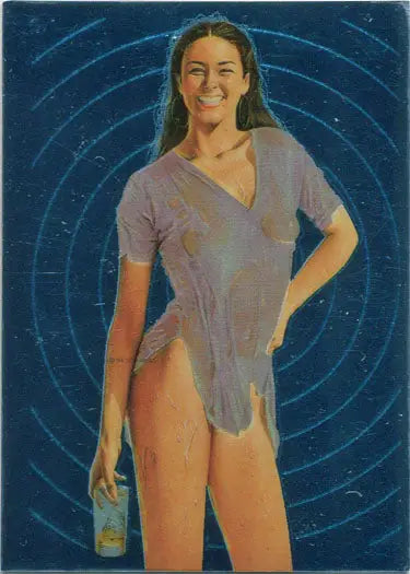 Woman in lavender shirt-style swimsuit cover-up holding a bottle with Sorayama 2 Base Card