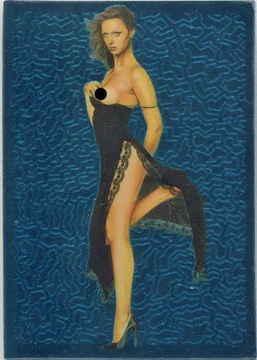 Woman in a revealing black dress on blue background for Sorayama 2 Chromium Base Card