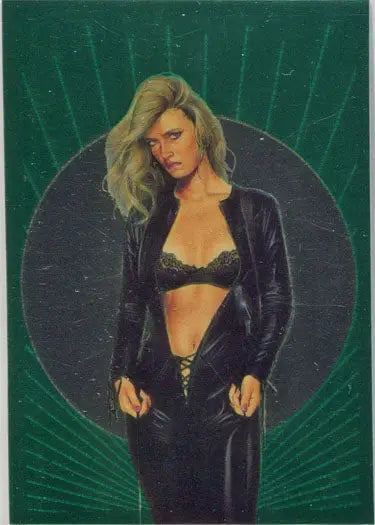 Blonde woman in black leather jacket and bra for Latex Ladies Subset Card artwork