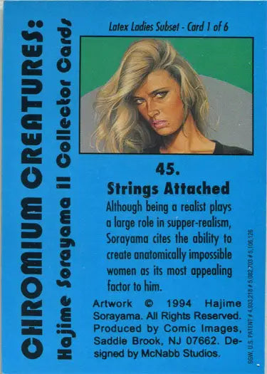 Blonde woman portrait on Sorayama 2 Latex Ladies Subset trading card against blue-green background