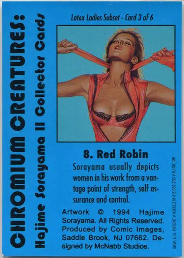 Trading card from Latex Ladies Subset featuring a woman in a red outfit