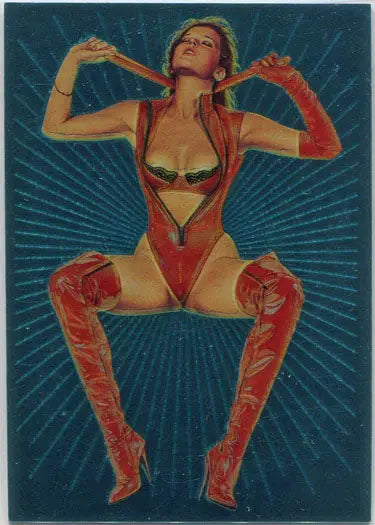 Woman in provocative red outfit poses dramatically for Latex Ladies Subset card