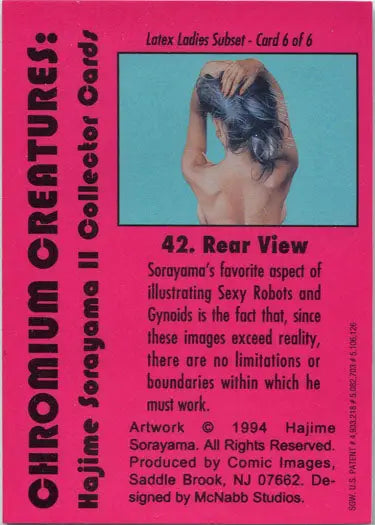 Trading card of latex ladies subset featuring figure with raised arms on teal background