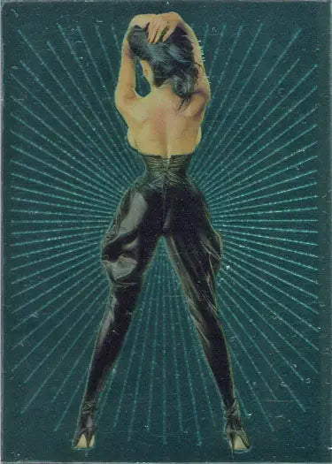 Silhouette of a model in shiny black pants showcasing the Latex Ladies Subset Card