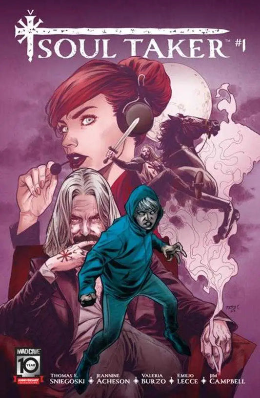 Comic book cover for Soul Taker #1 features dramatic artwork in purple, blue, and red tones