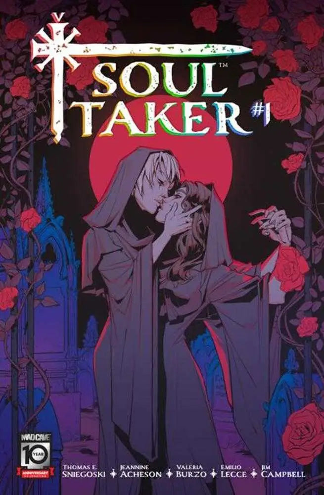 Comic book cover for Soul Taker #1 featuring a dramatic embrace against a red moon