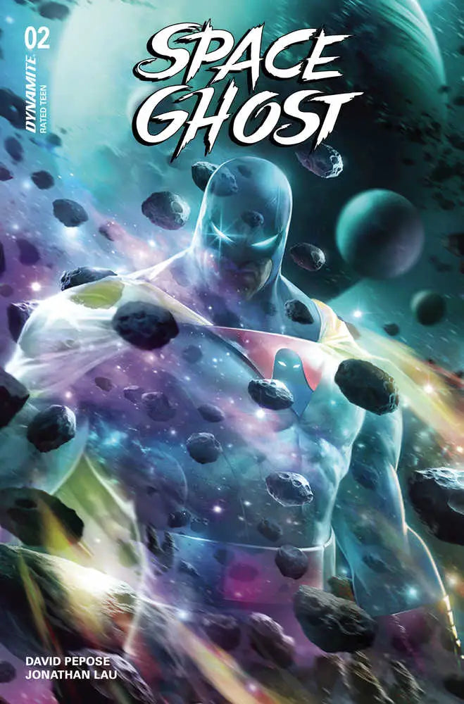 Glowing Space Ghost figure soaring through an asteroid field on Space Ghost #2 cover