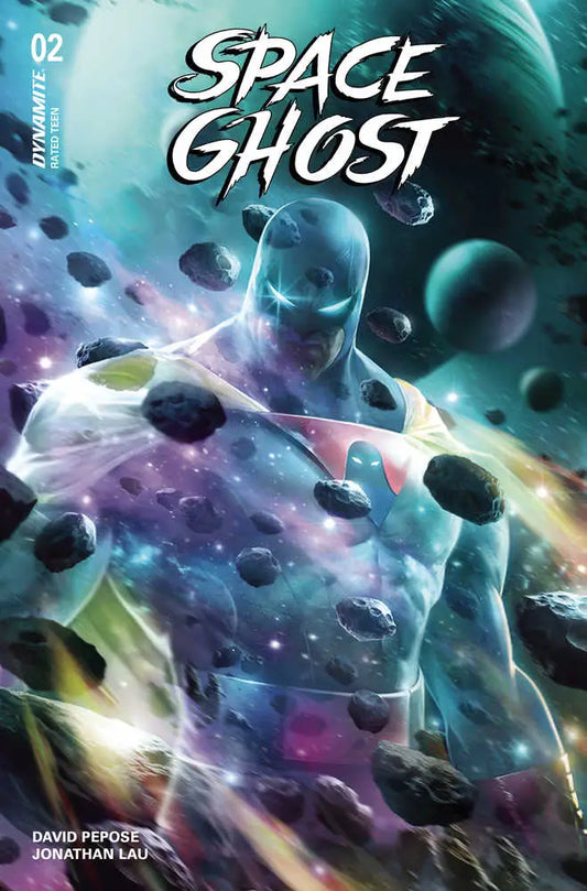 Glowing Space Ghost figure soaring through an asteroid field on Space Ghost #2 cover