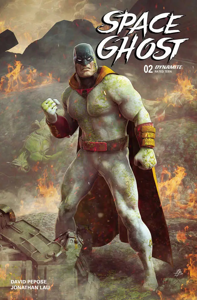Muscular superhero in white costume with black cape for Space Ghost #2 Cover C Barends