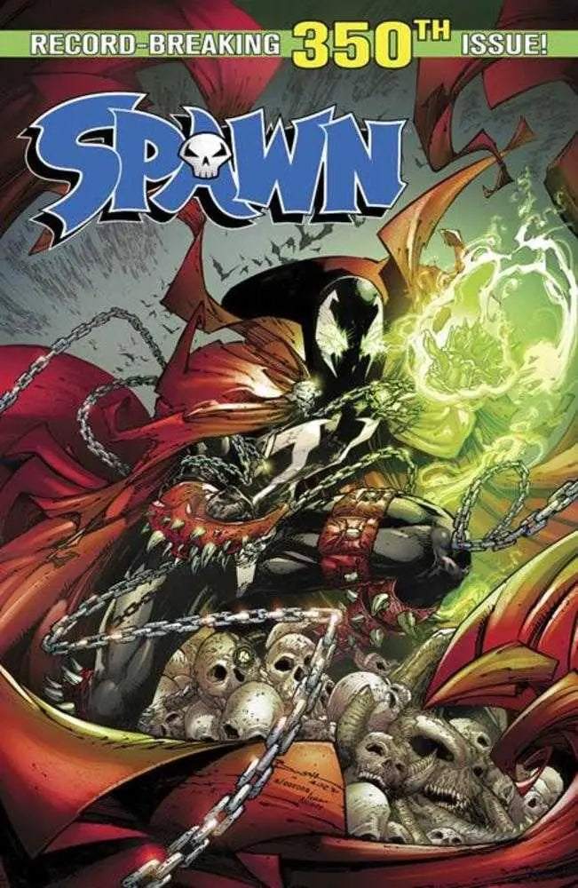 Comic book cover of Spawn #350 with glowing green energy and red cape, perfect for trading cards