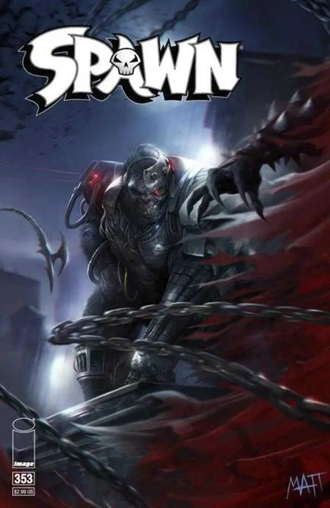 Dark armored figure with glowing eyes in dramatic pose on Spawn #353 Cover B trading card
